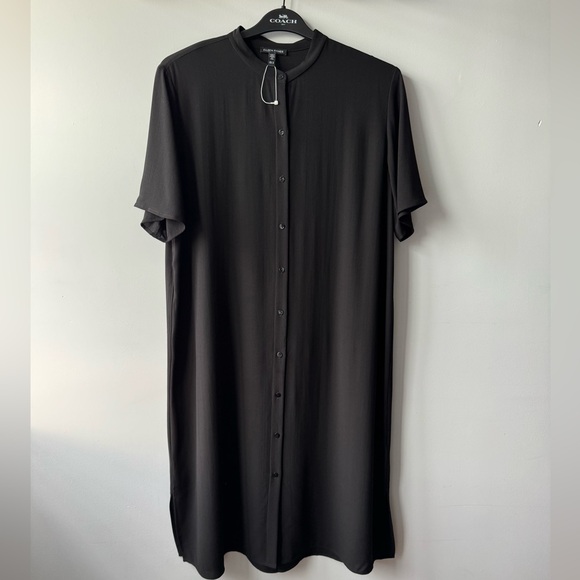 Eileen Fisher 100% Silk Mandarin Collar Button Down Shirt Dress Black - M - Picture 6 of 16